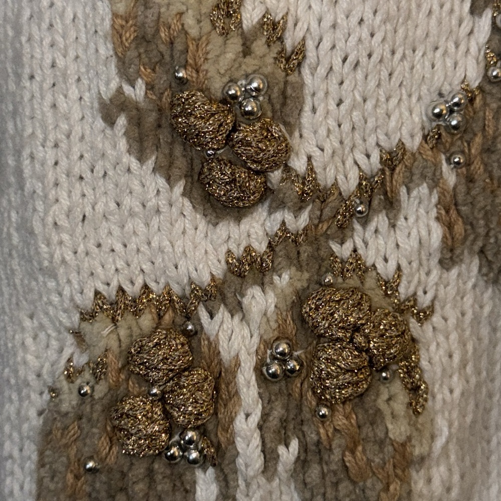 Vintage Talbots Hand Knit Beaded Floral‎ Sweater Ivory Mock Neck Size S - Picture 14 of 17